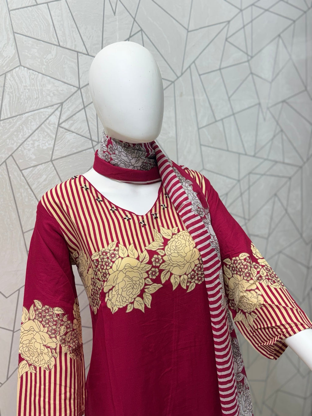 Burgundy Floral Stripe Printed Kurta Set with Dupatta