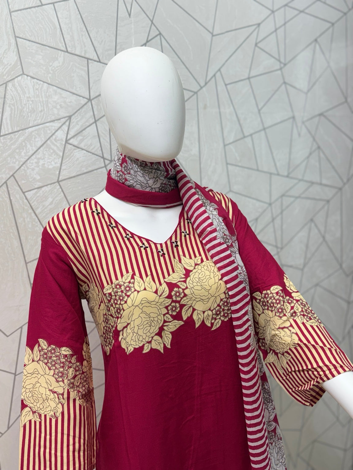 Burgundy Floral Stripe Printed Kurta Set with Dupatta