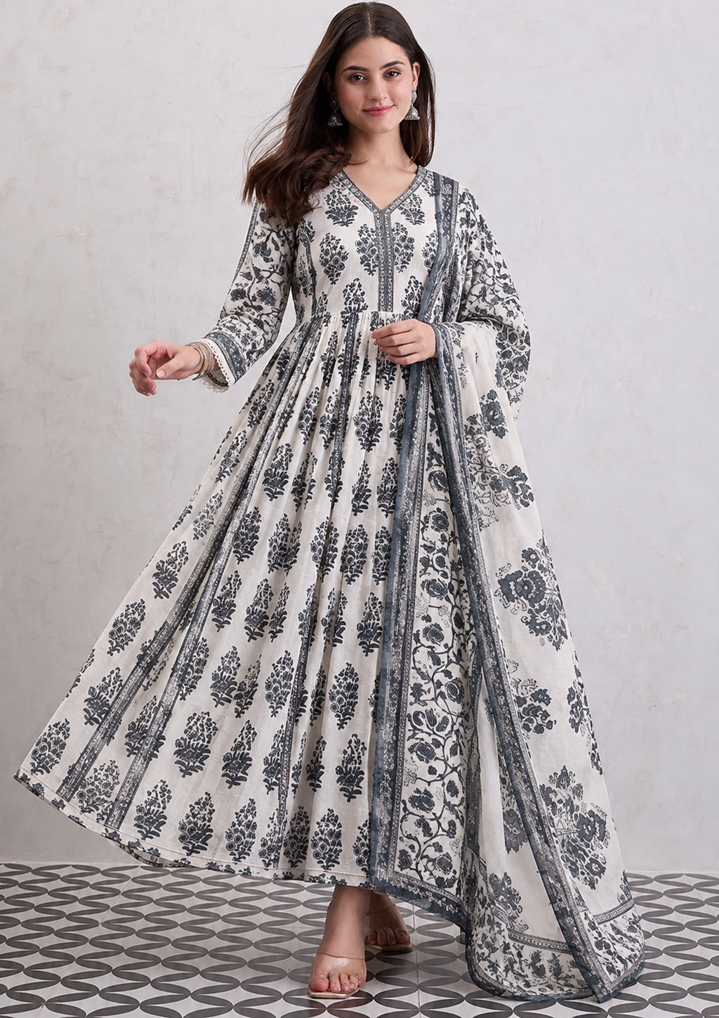 Aabroo Classic Print Anarkali Set