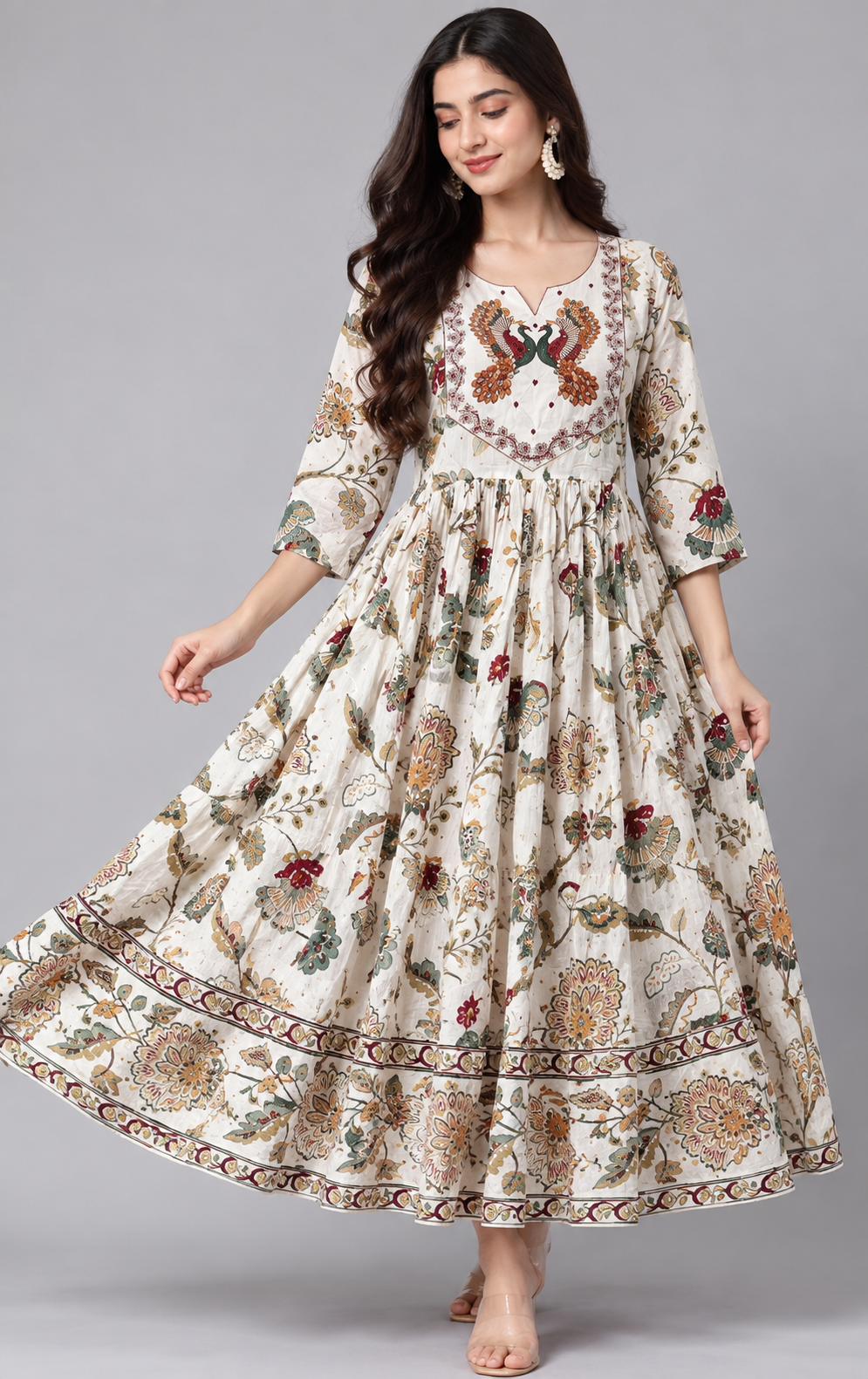 Ivory Botanical Print Tiered Maxi Gown by The Poshak House