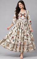 Ivory Botanical Print Tiered Maxi Gown by The Poshak House