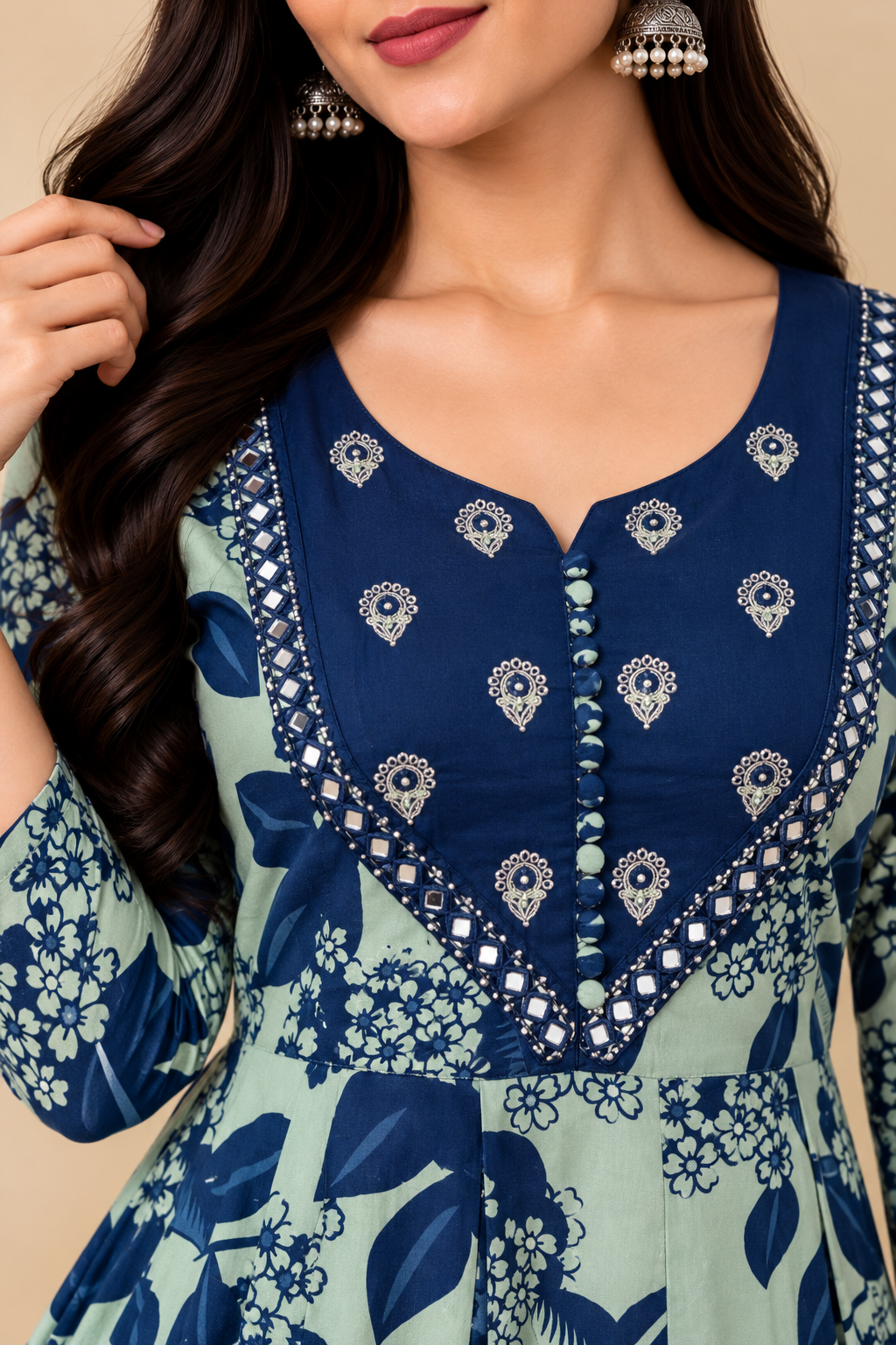 Sage Green and Navy Floral Maxi Gown