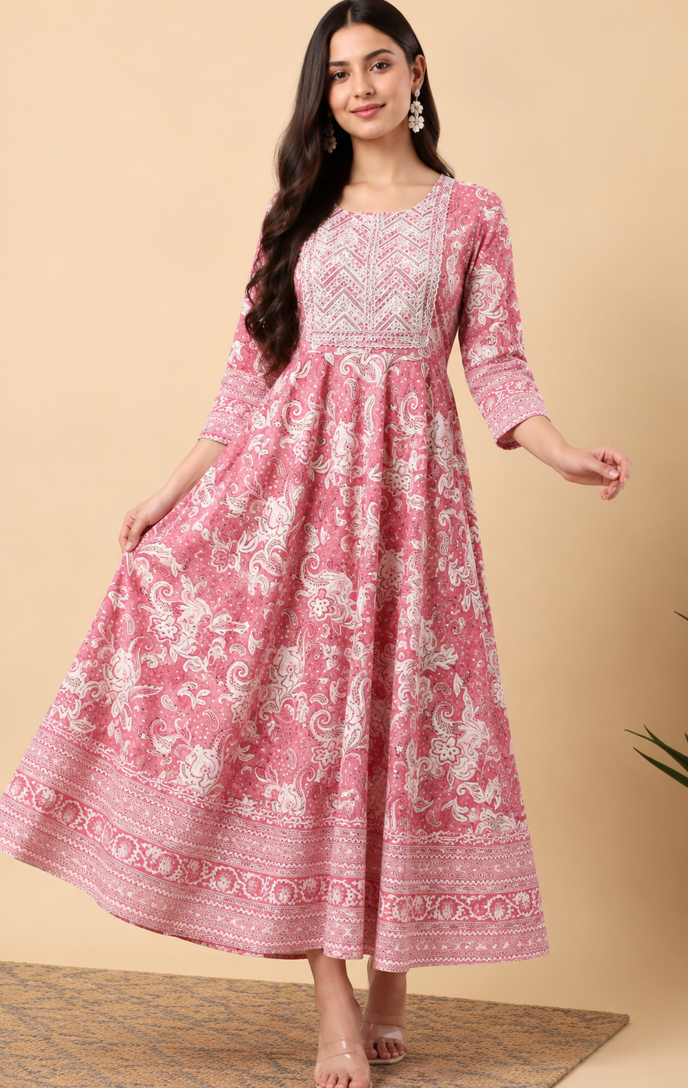 Pink Pink Printed Maxi Gown by The Poshak House
