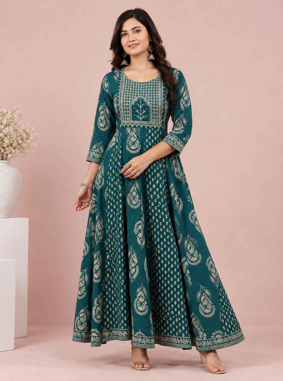 Teal Teal Traditional Print Maxi Gown by The Poshak House