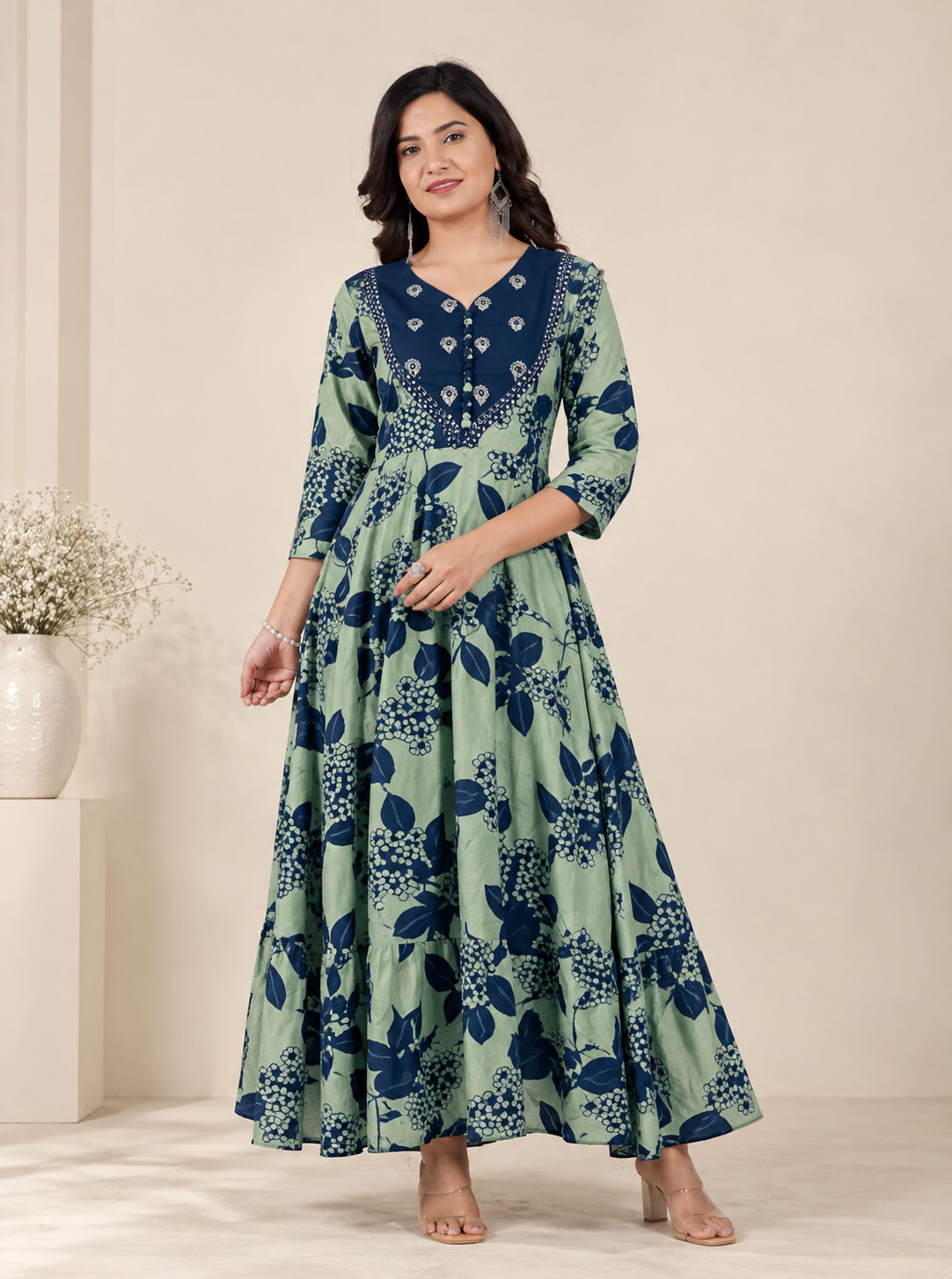 blue Sage Green Floral Maxi Gown by The Poshak House