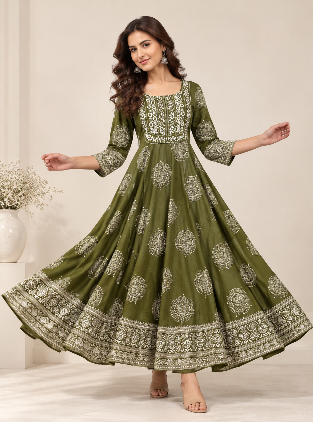  Green Floral Maxi Gown by The Poshak House