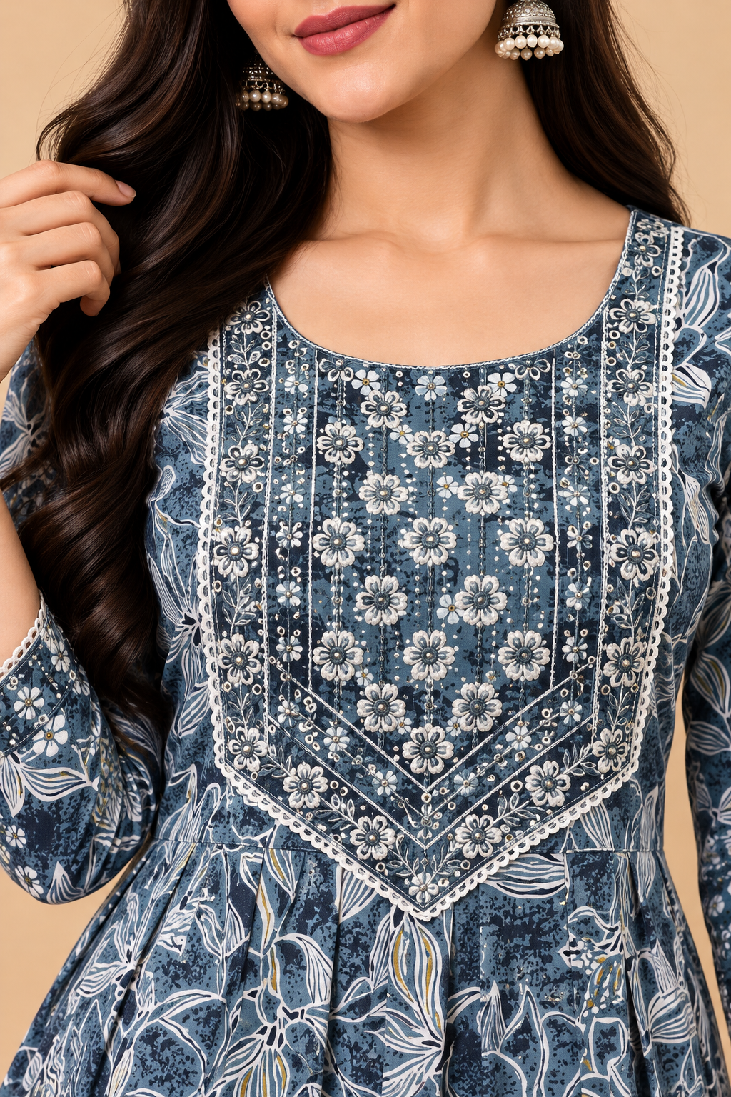 Blue Grey Floral Tiered Maxi Gown