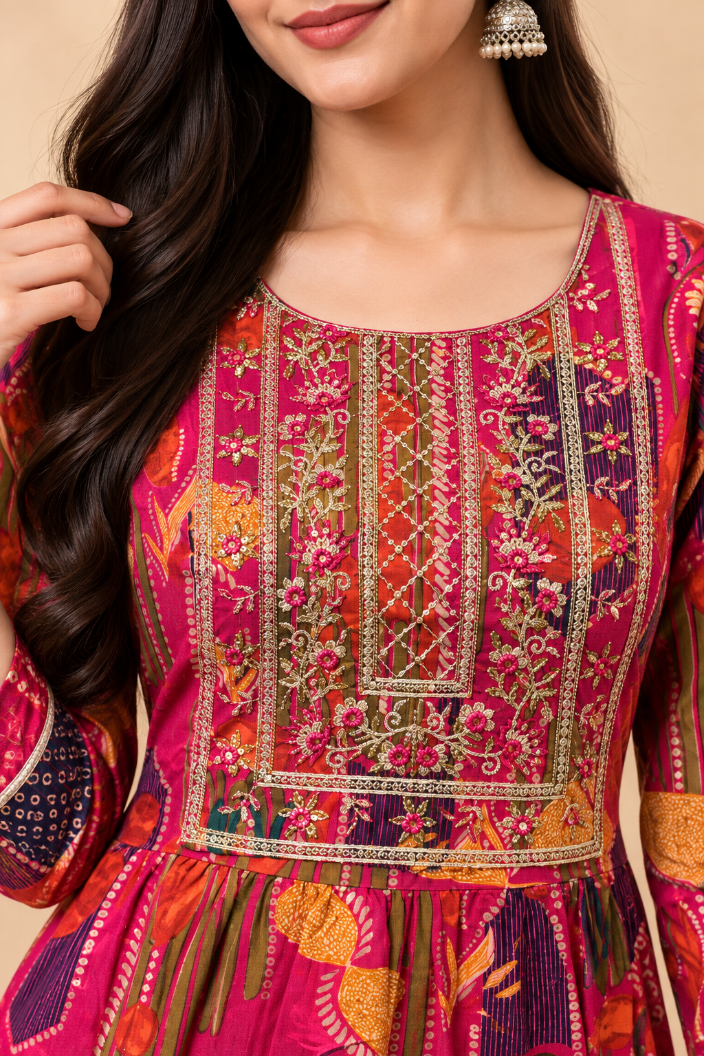 Magenta Multicolour Printed Tiered Gown