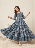 Blue Grey Floral Tiered Maxi Gown