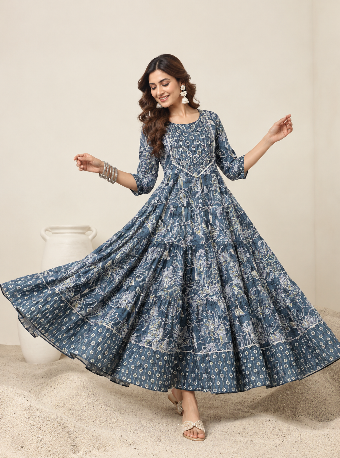 Blue Grey Floral Tiered Maxi Gown