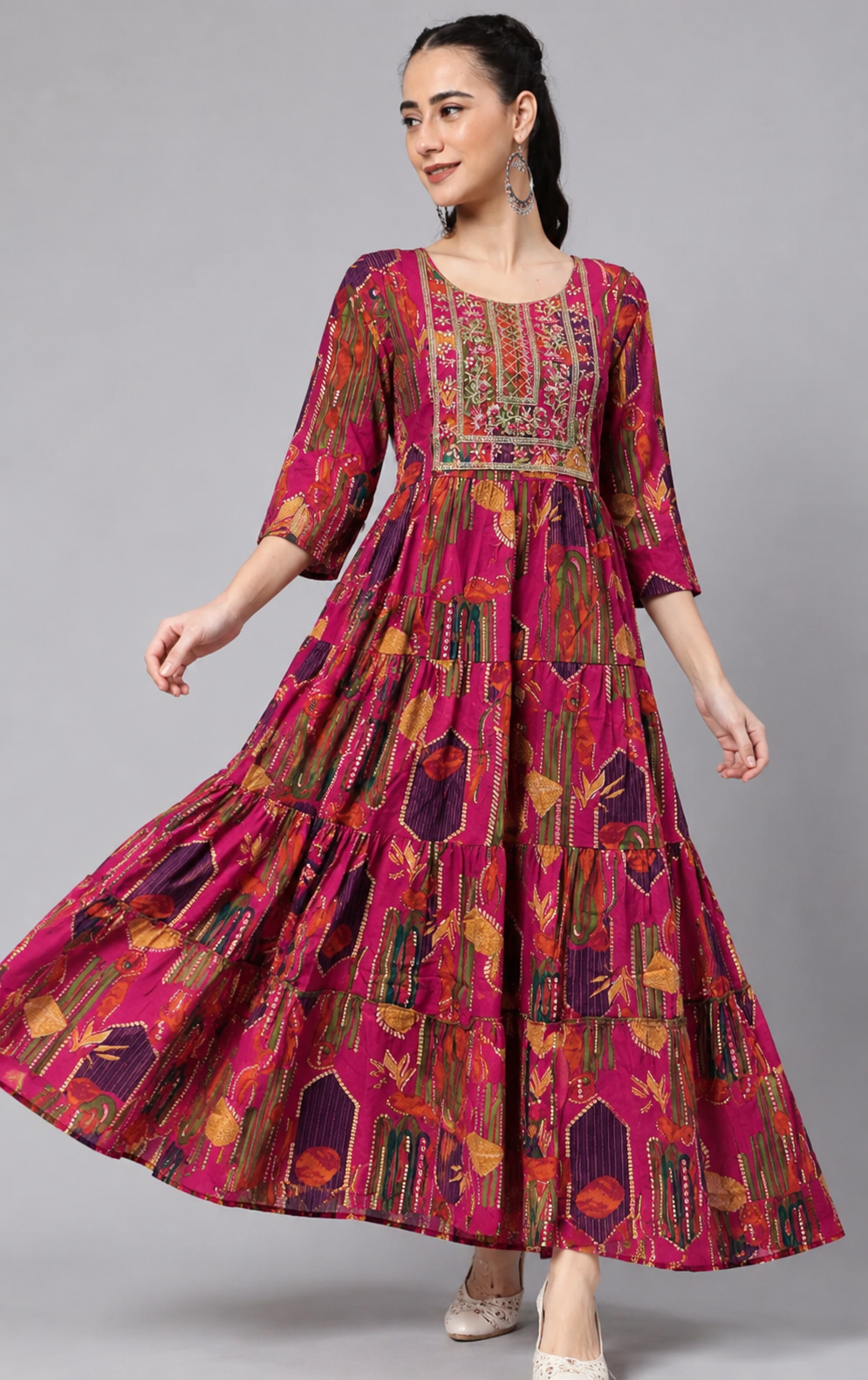 Magenta and Multicolour Printed Tiered Gown by The Poshak House