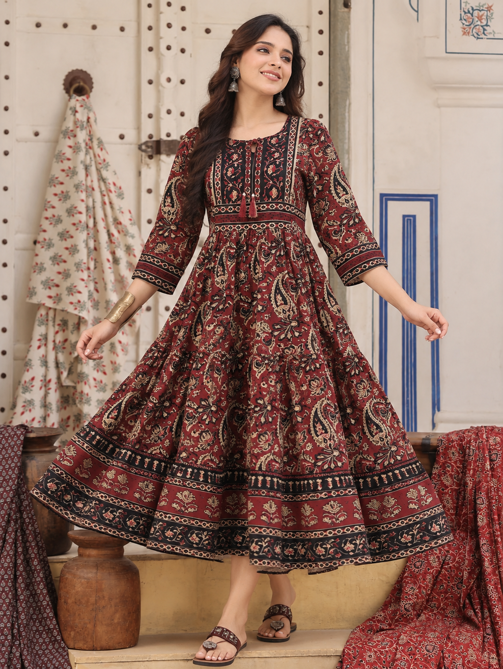 Maroon and Black Maroon Black Printed Maxi Gown by The Poshak House