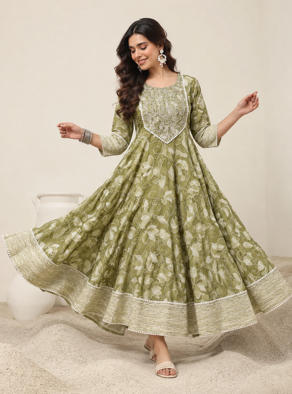 Olive Green Olive Green Printed Maxi Gown by The Poshak House