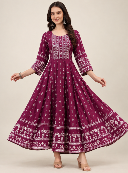 Deep Plum Floral Maxi Gown by The Poshak House