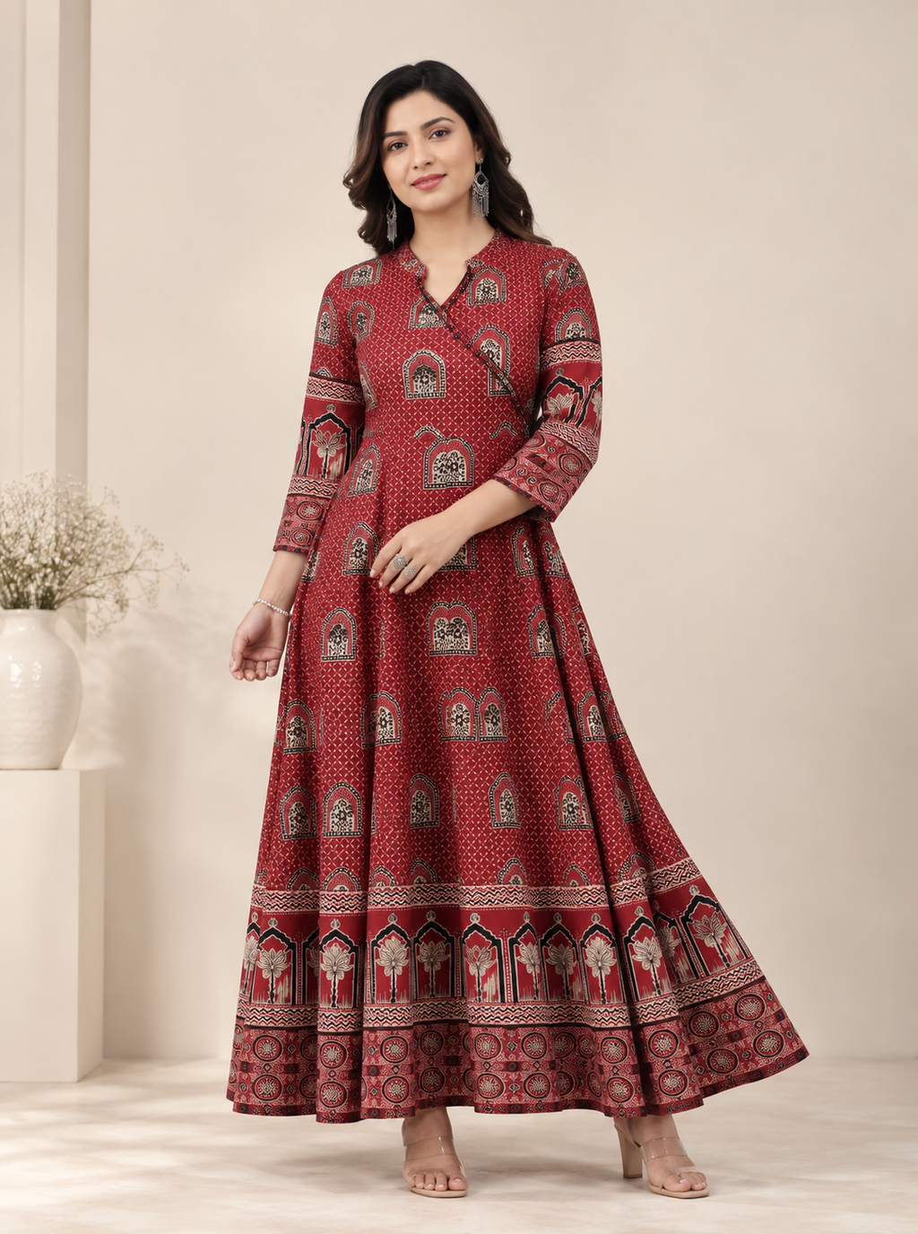 Maroon Printed angrakha Maxi Gown by The Poshak House