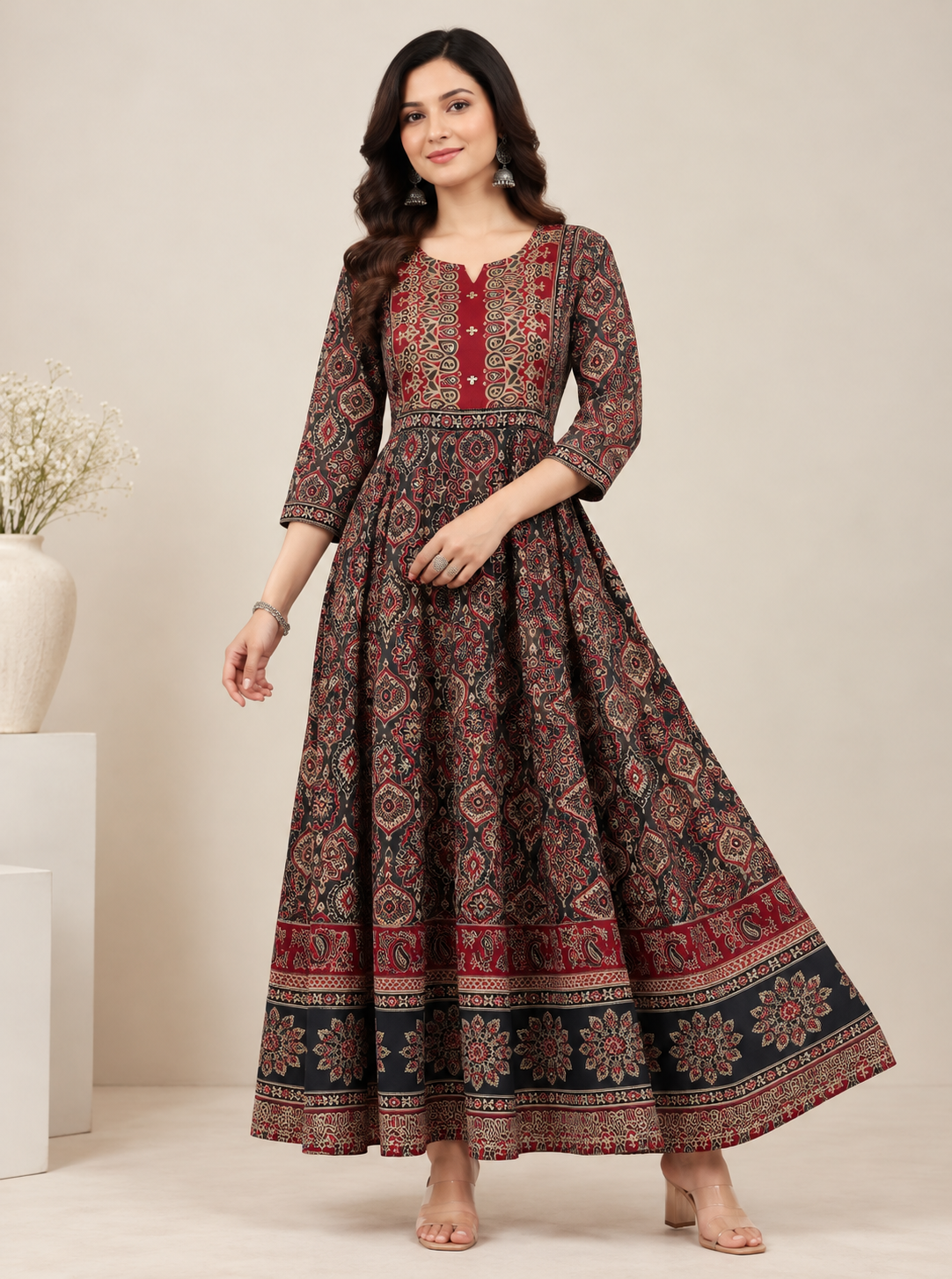 Red Floral Tiered Maxi Gown by The Poshak House