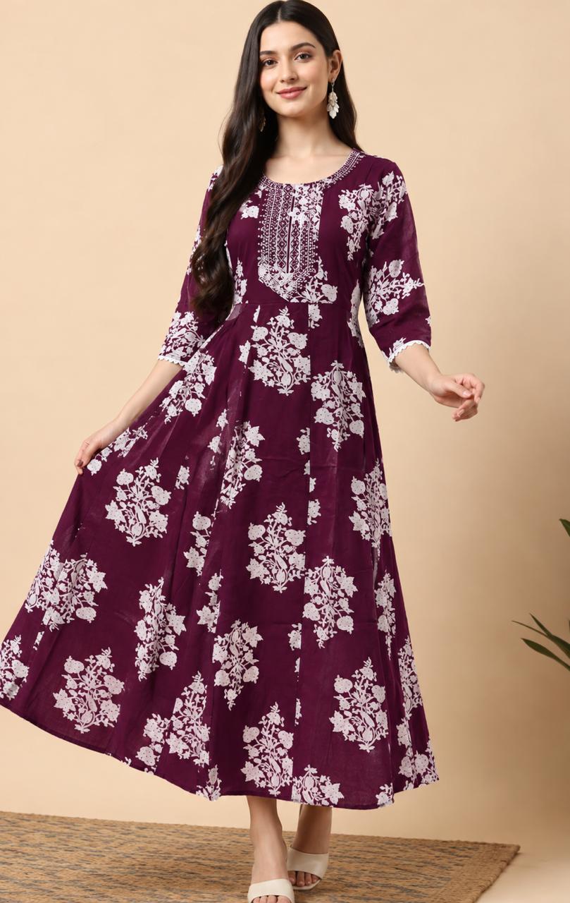 Maroon Floral Printed Maxi Gown