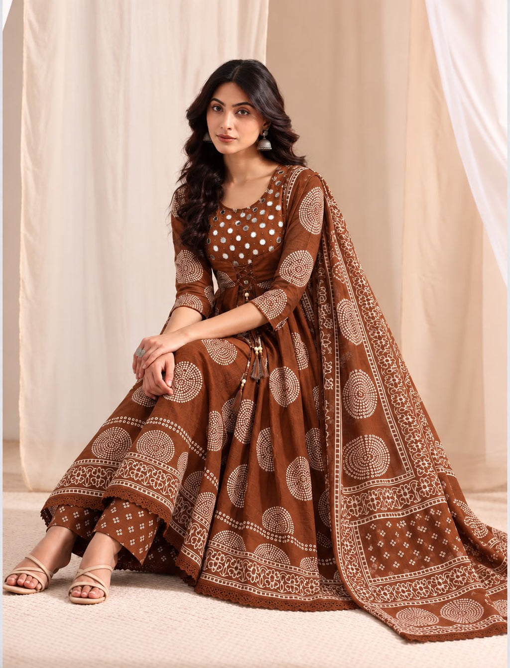 Chestnut Brown Mirror-Work Angrakha Anarkali