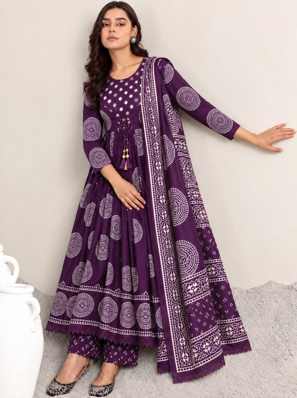 Purple Bandhani Mirror-Work Angrakha Anarkali