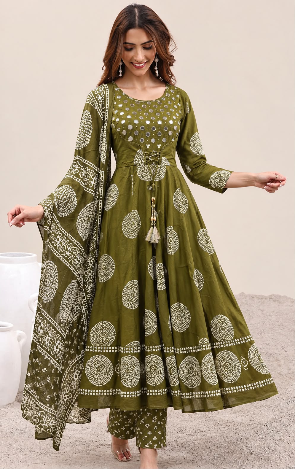Olive green Bandhani Mirror-Work Angrakha Anarkali