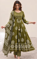 Olive green Bandhani Mirror-Work Angrakha Anarkali