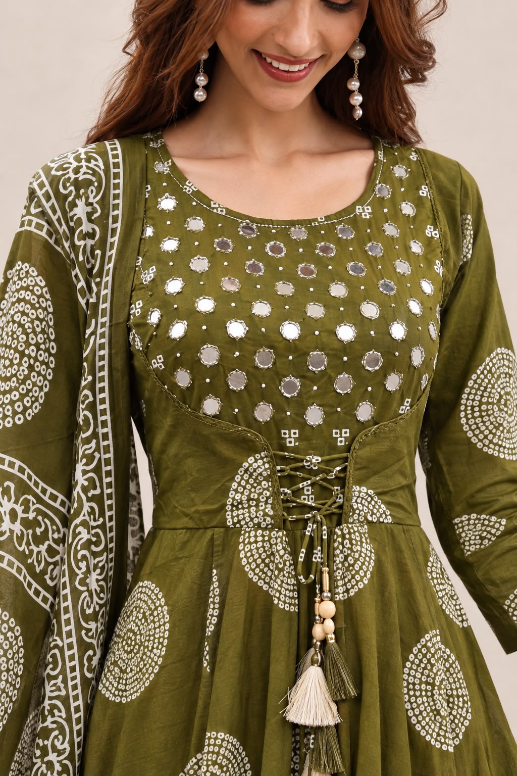 Olive green Bandhani Mirror-Work Angrakha Anarkali
