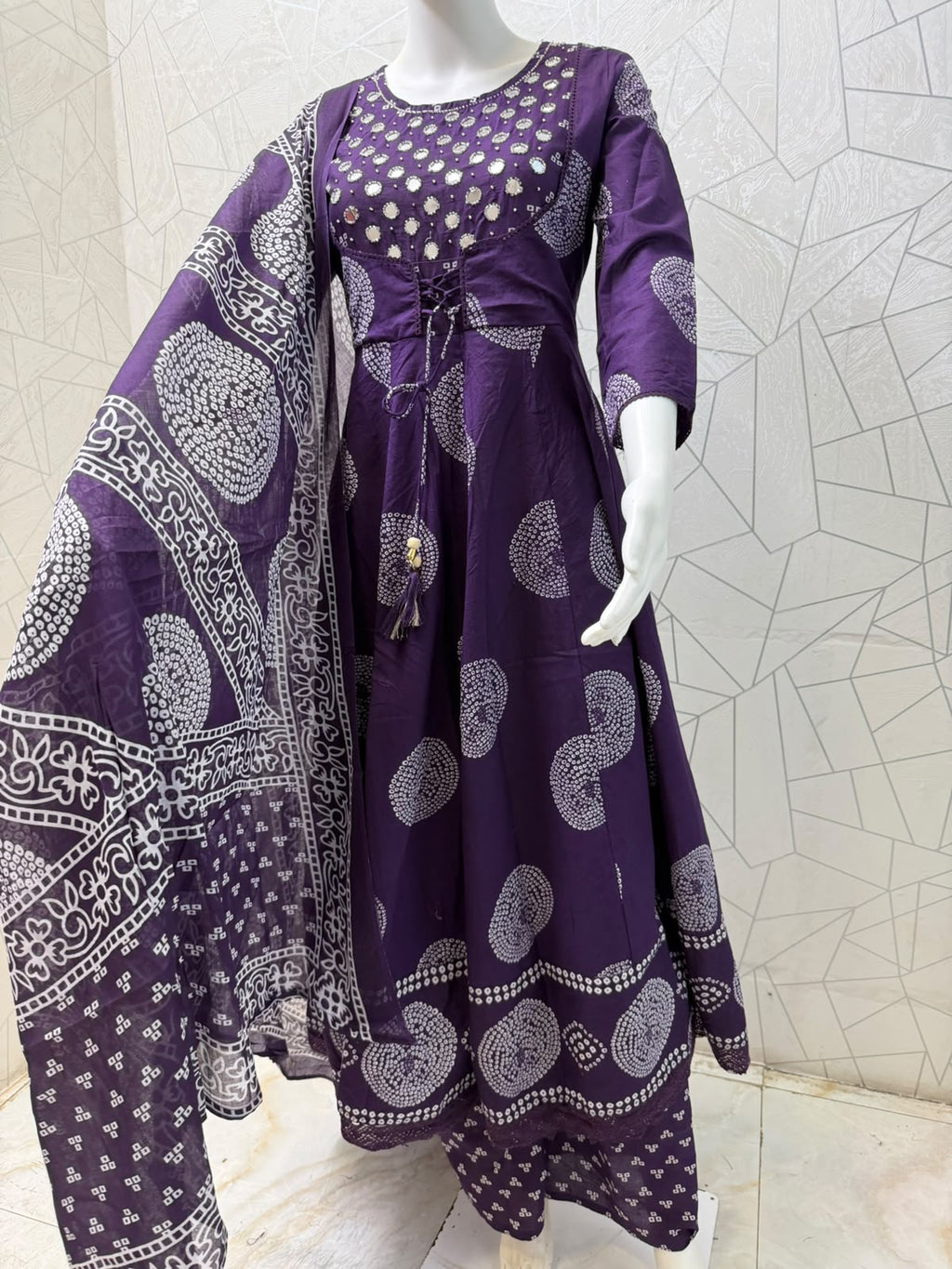 Purple Bandhani Mirror-Work Angrakha Anarkali