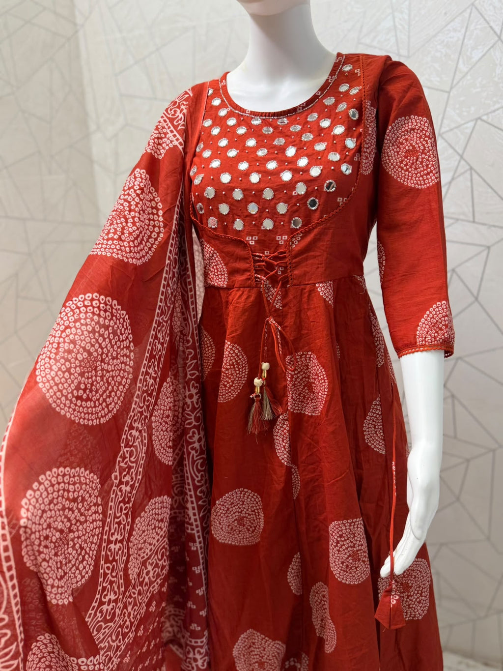 Rust Bandhani Mirror Work Angrakha Anarkali Set with Dupatta