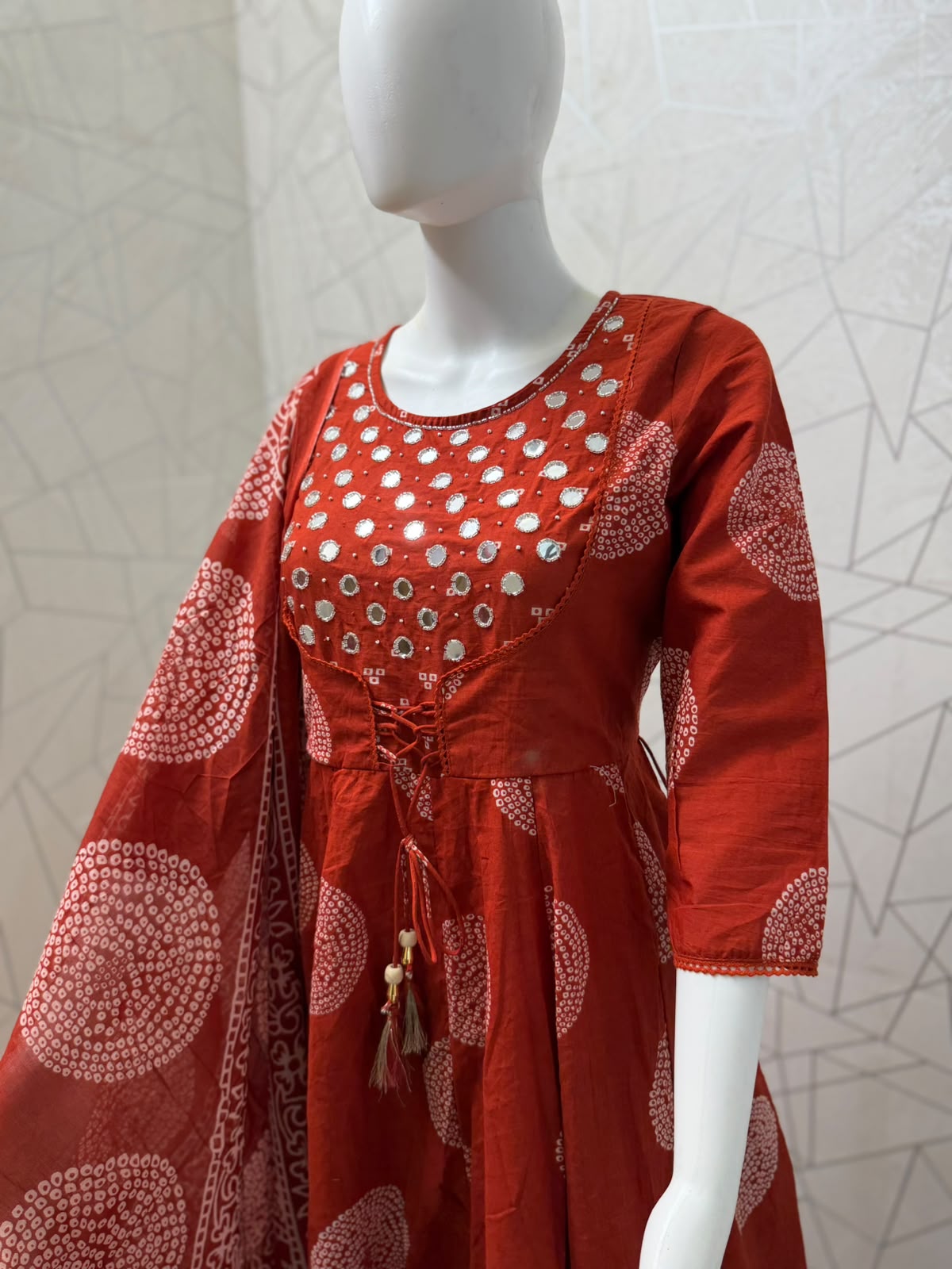 Rust Bandhani Mirror Work Angrakha Anarkali Set with Dupatta