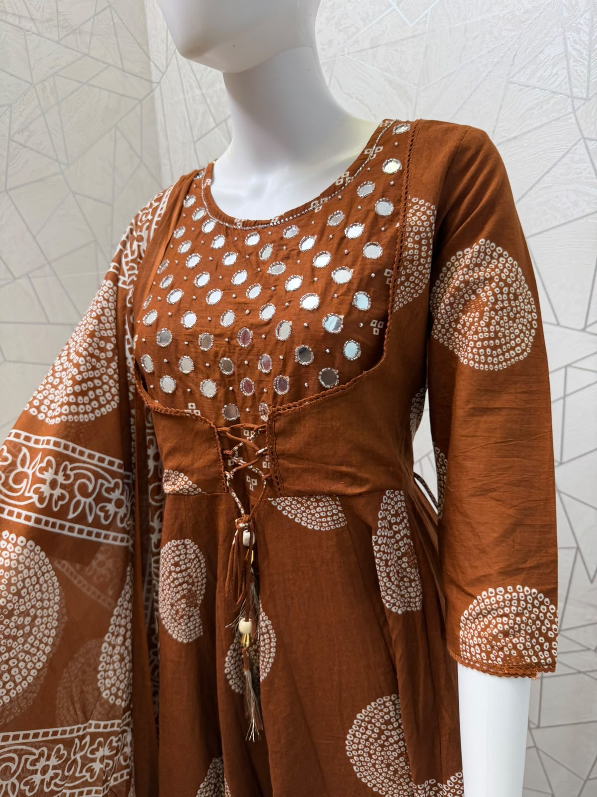 Chestnut Brown Mirror-Work Angrakha Anarkali