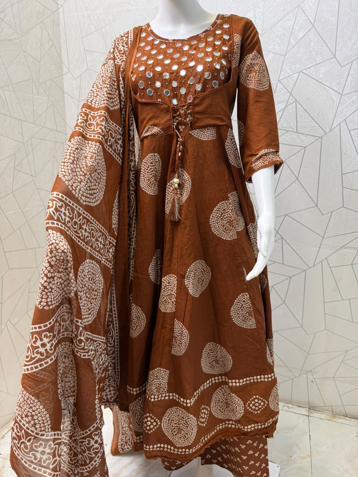 Chestnut Brown Mirror-Work Angrakha Anarkali