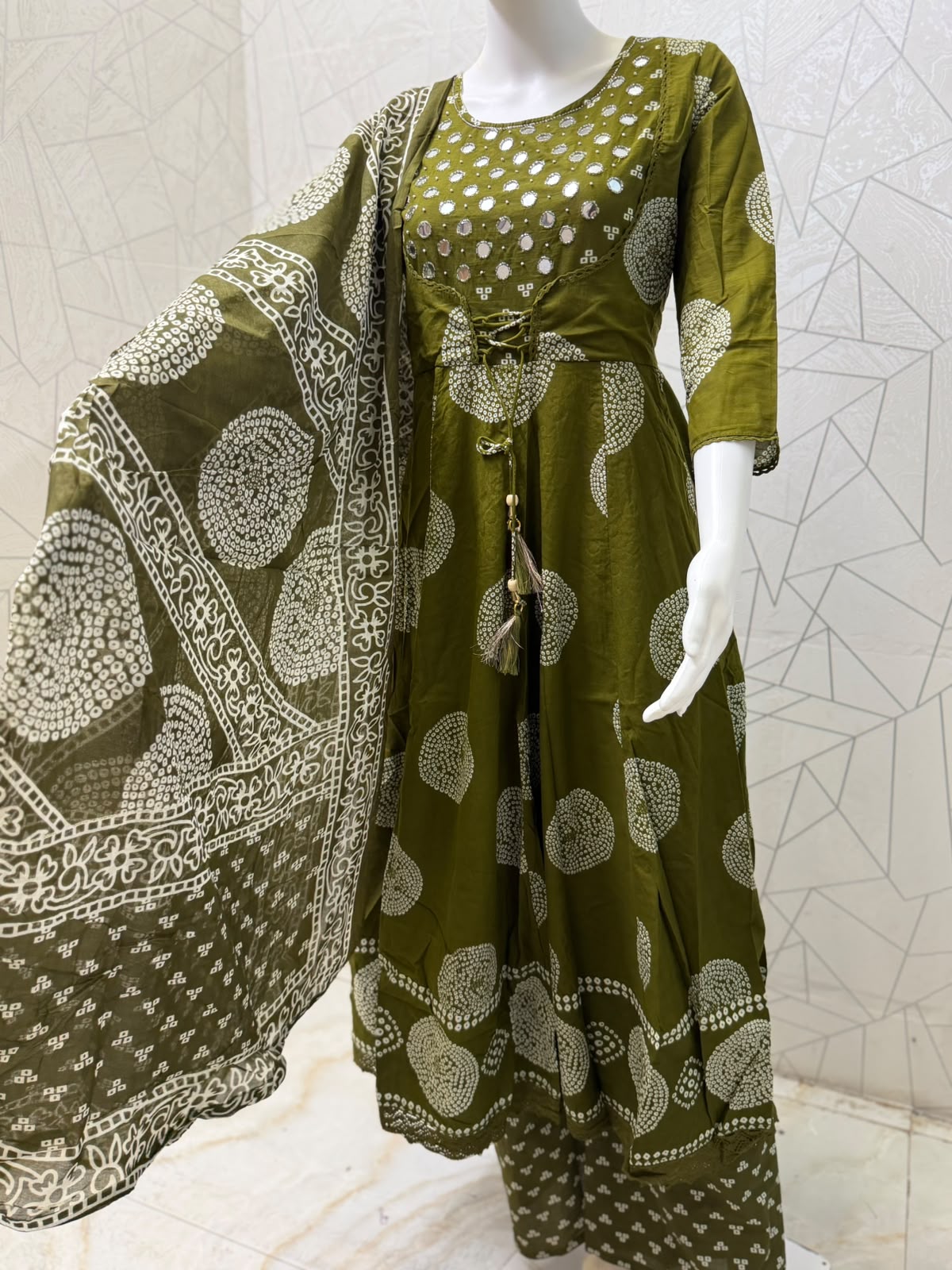 Olive green Bandhani Mirror-Work Angrakha Anarkali