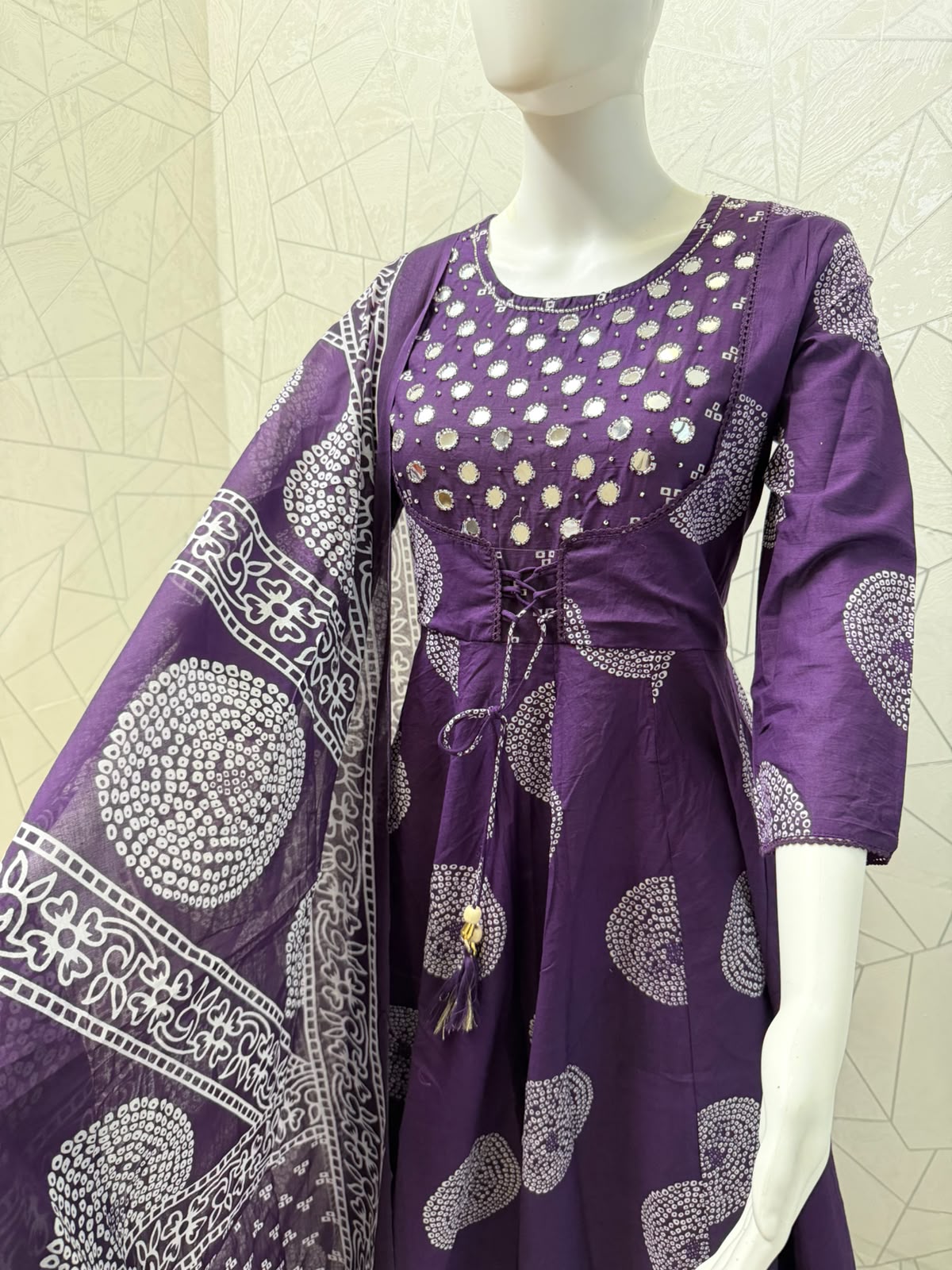 Purple Bandhani Mirror-Work Angrakha Anarkali