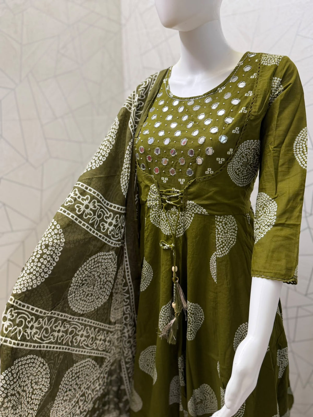 Olive green Bandhani Mirror-Work Angrakha Anarkali