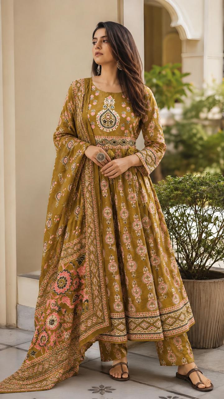 Aabha Mustard Motif Anarkali Set
