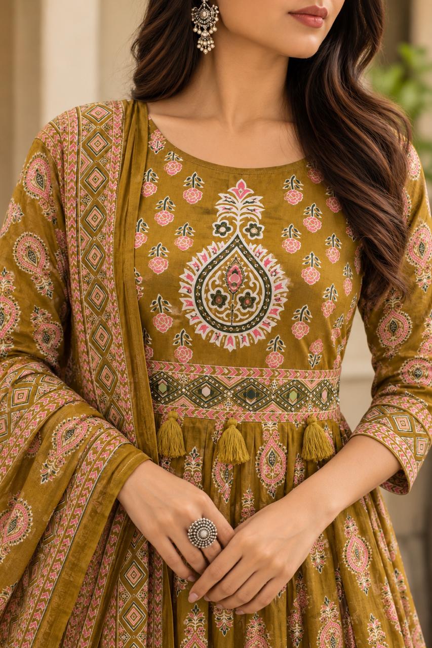Aabha Mustard Motif Anarkali Set