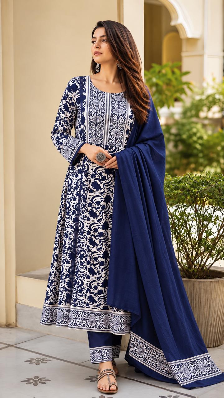 Indigo Ivory Print Anarkali Set