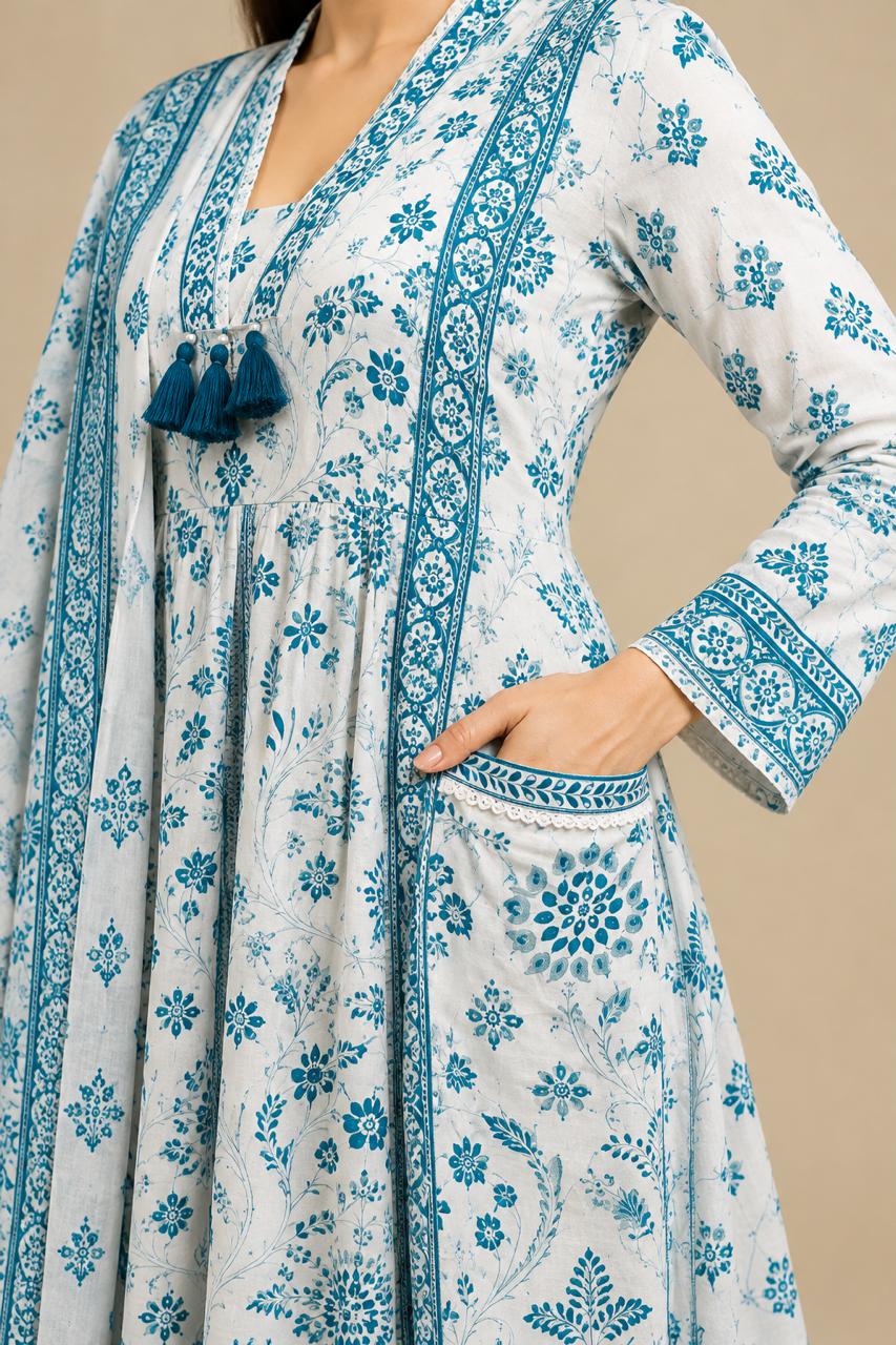 Aqua Bloom Printed Anarkali Set