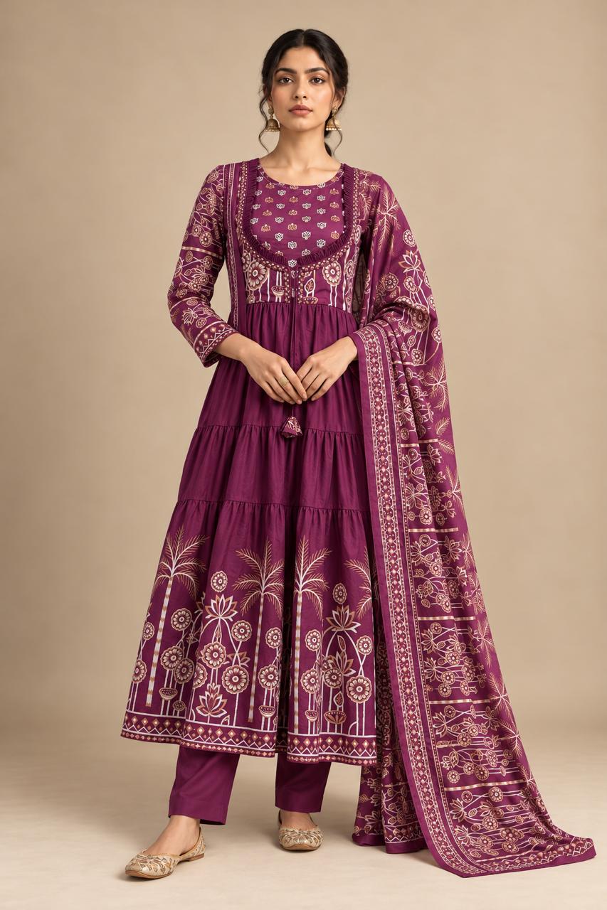 Gulbahar Tiered Plum Anarkali Set
