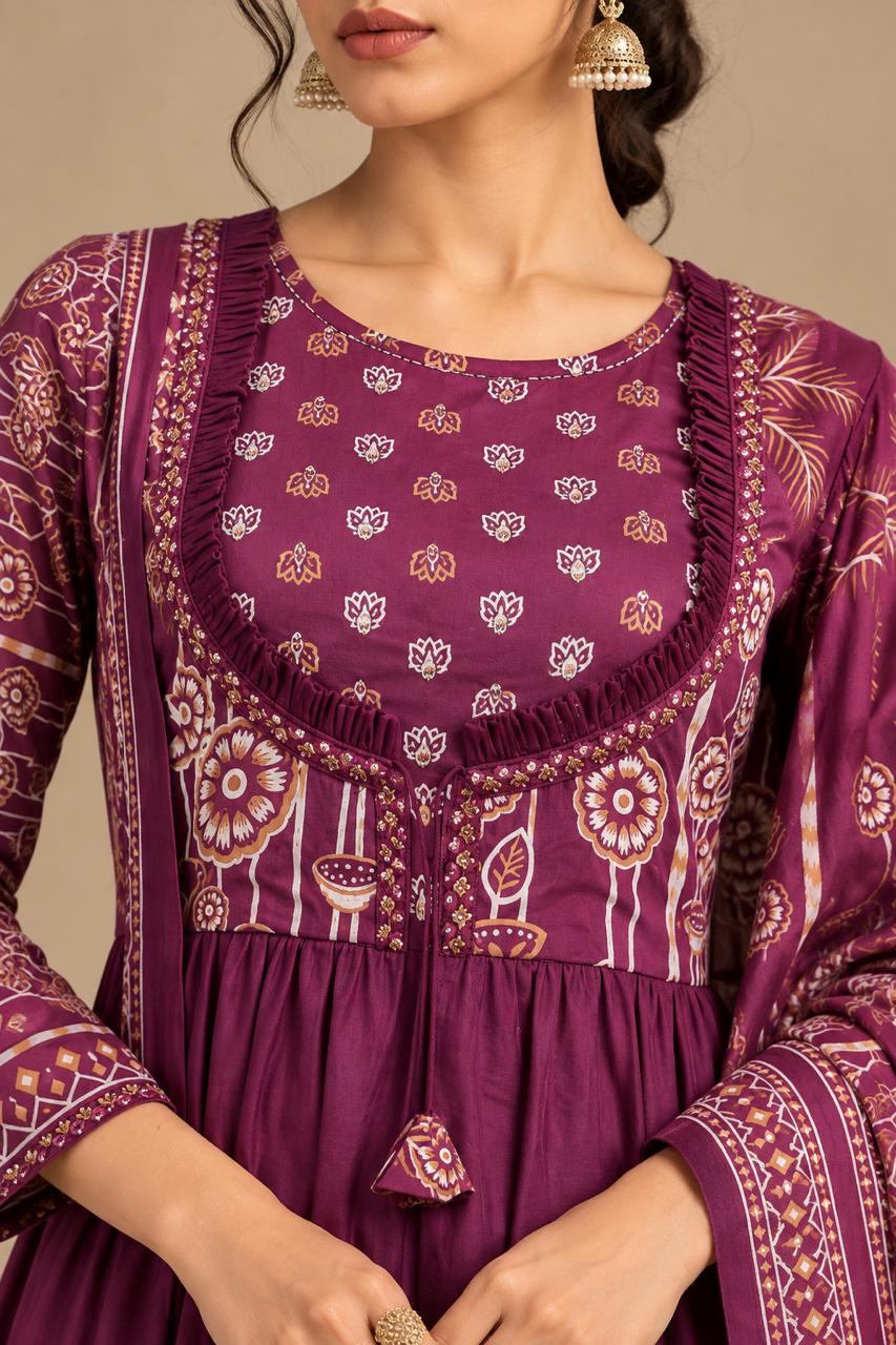 Gulbahar Tiered Plum Anarkali Set
