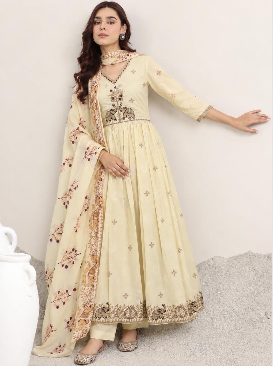Ivory Elephant Motif Anarkali Set