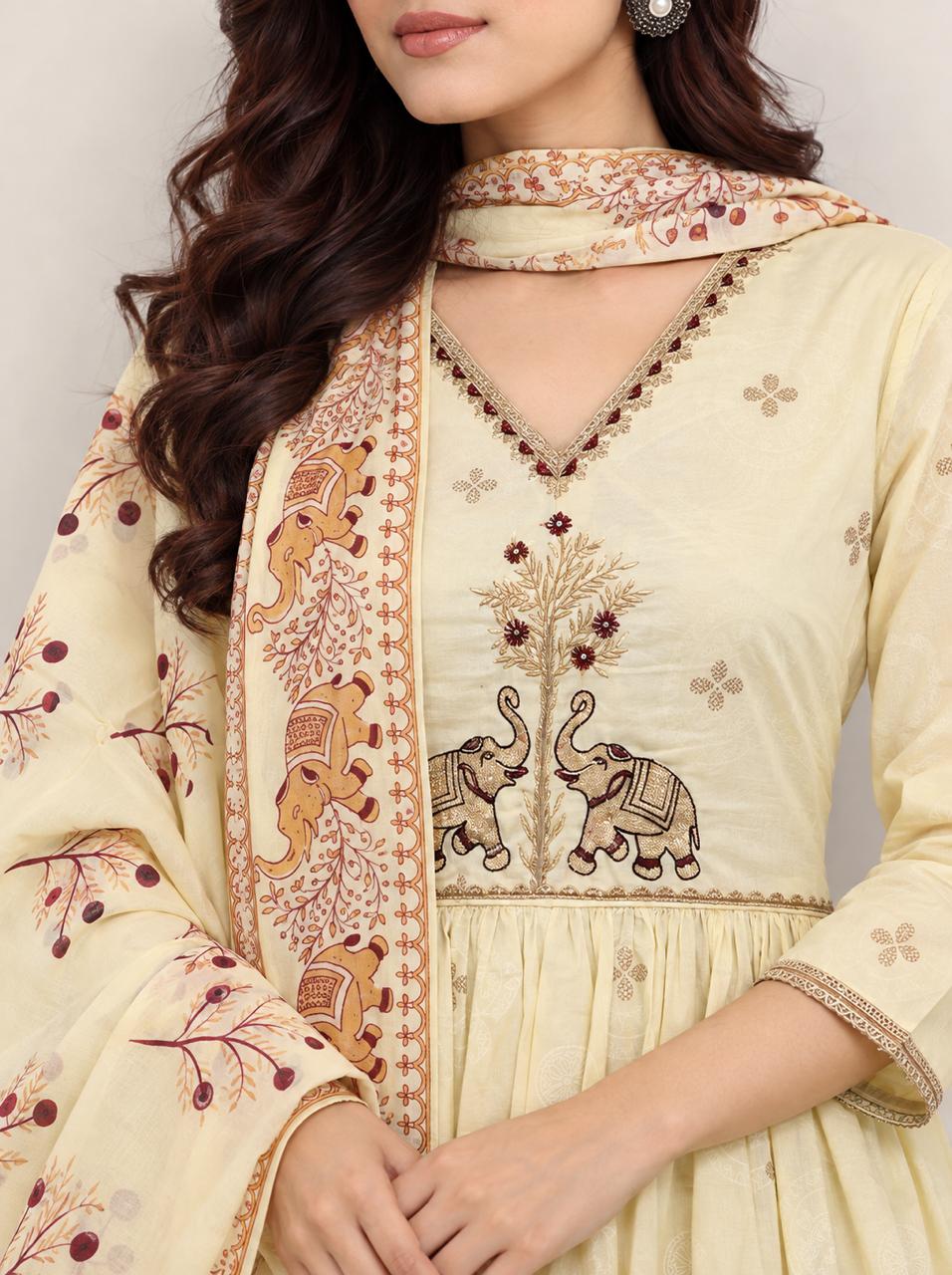 Ivory Elephant Motif Anarkali Set