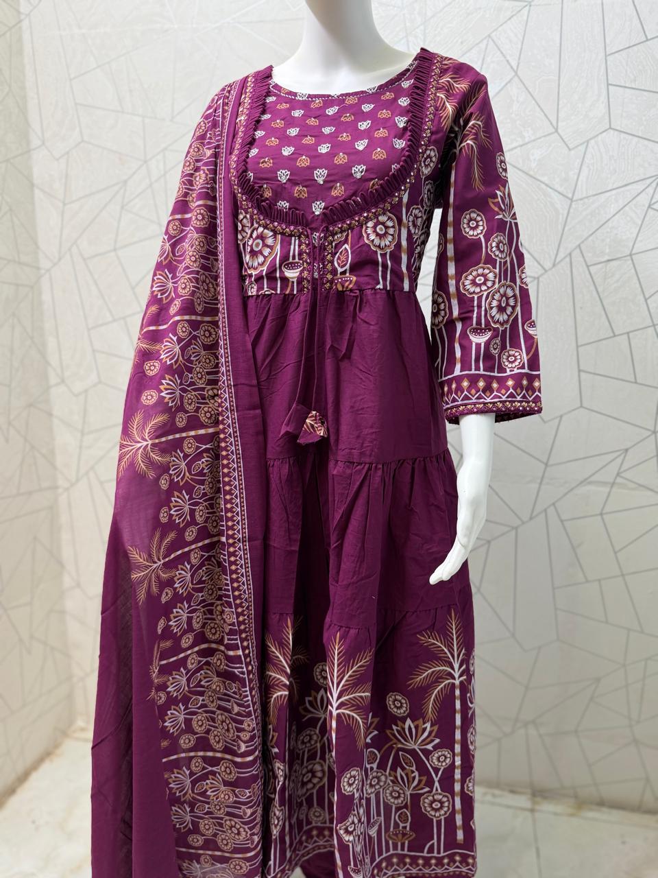 Gulbahar Tiered Plum Anarkali Set
