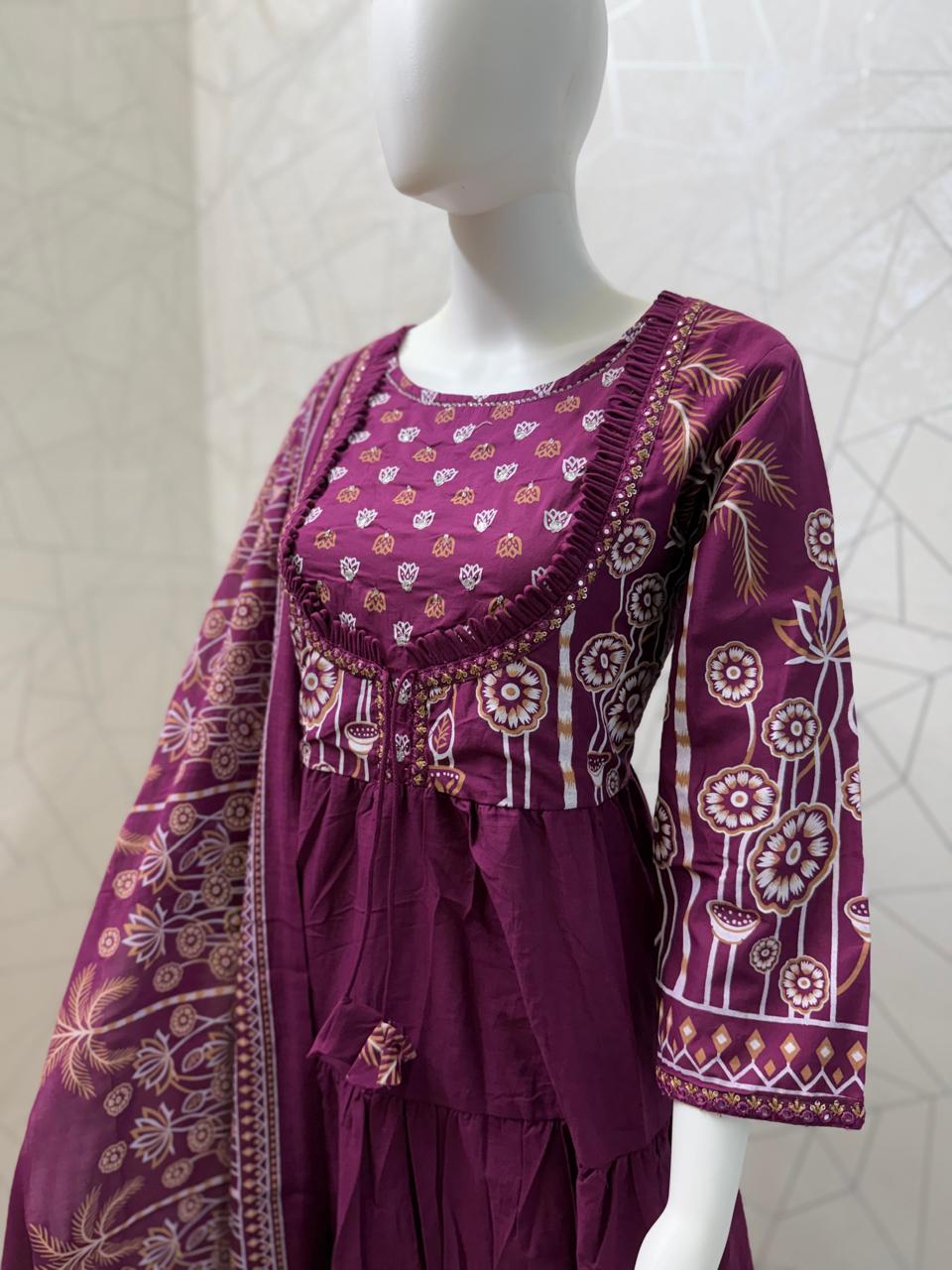 Gulbahar Tiered Plum Anarkali Set