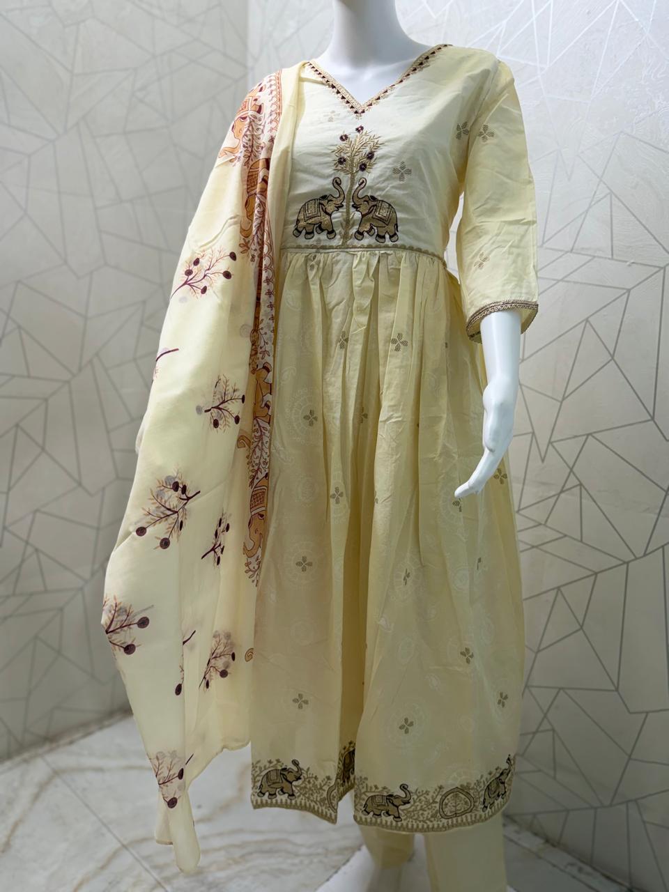 Ivory Elephant Motif Anarkali Set