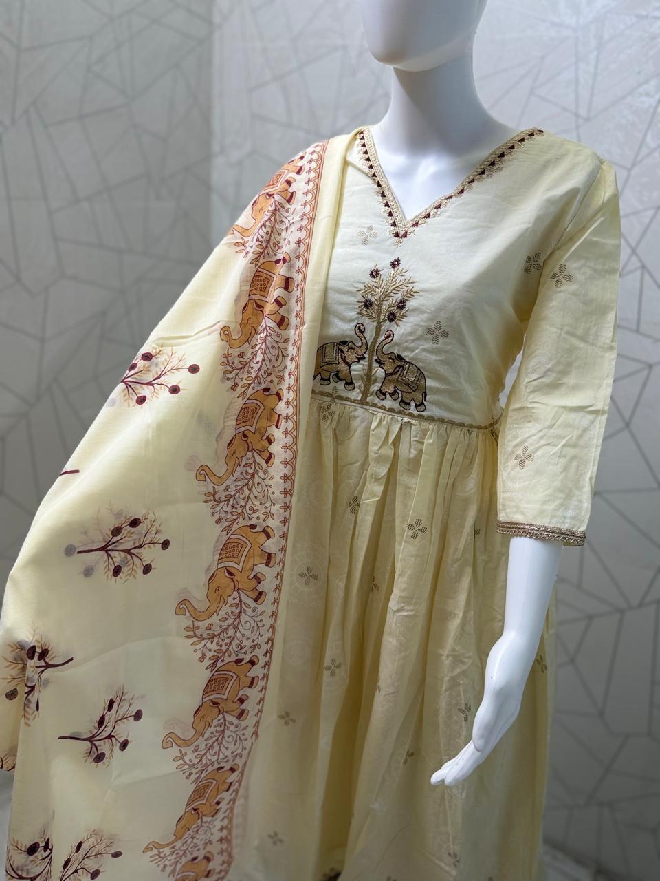 Ivory Elephant Motif Anarkali Set