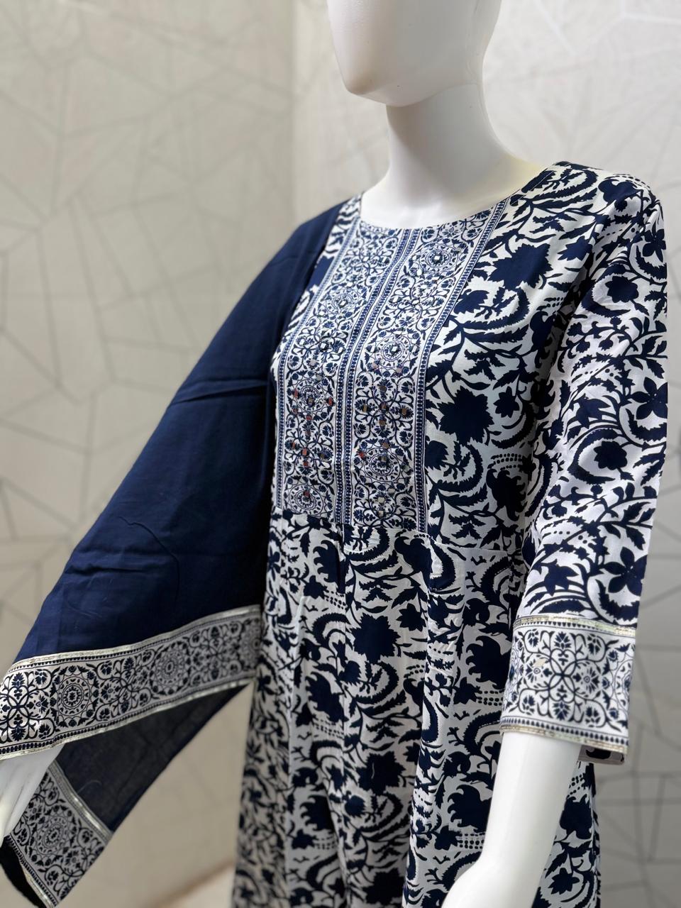 Indigo Ivory Print Anarkali Set