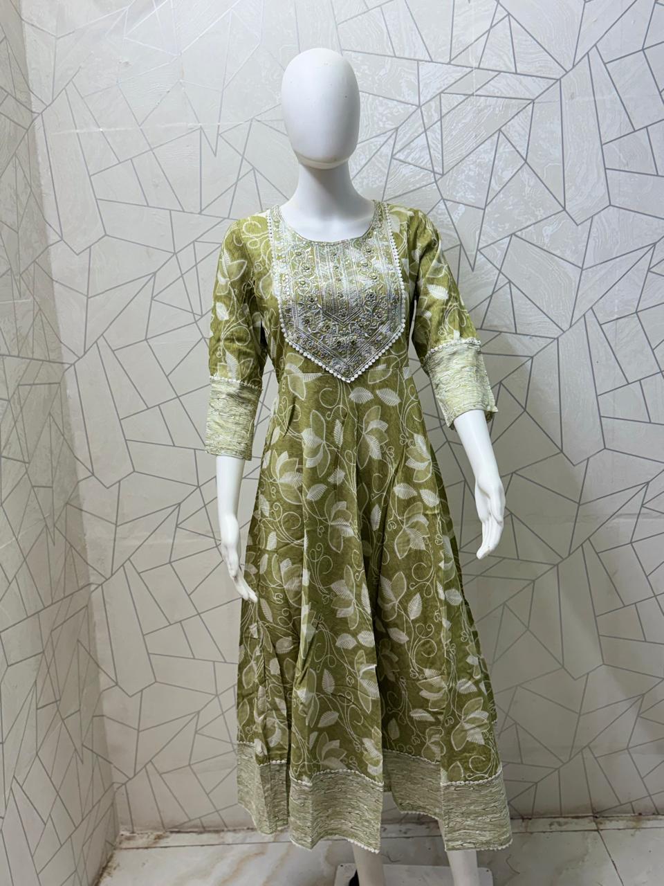 Olive Green Printed Maxi Gown