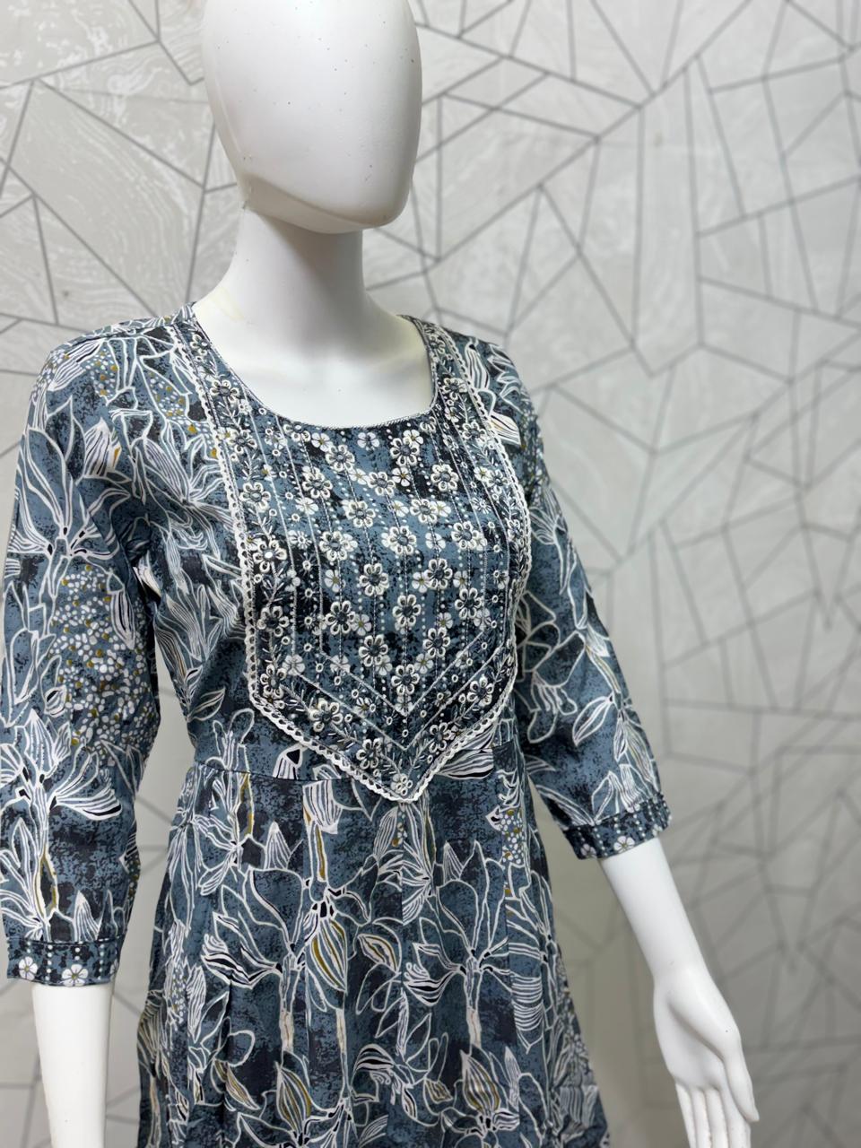 Blue Grey Floral Tiered Maxi Gown
