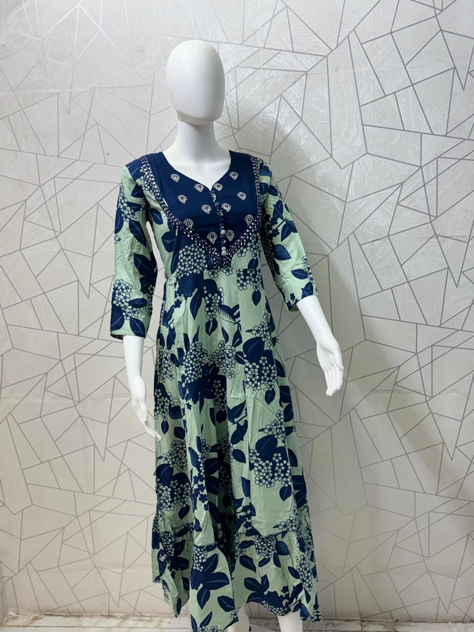 Sage Green and Navy Floral Maxi Gown